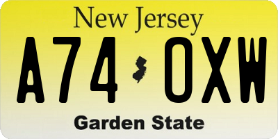 NJ license plate A74OXW