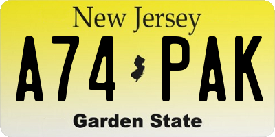 NJ license plate A74PAK