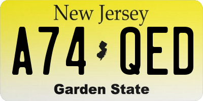 NJ license plate A74QED