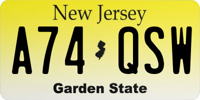 NJ license plate A74QSW