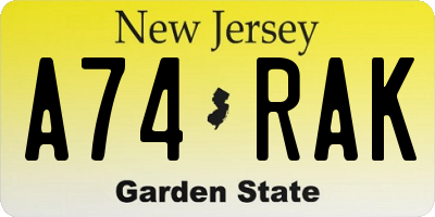 NJ license plate A74RAK