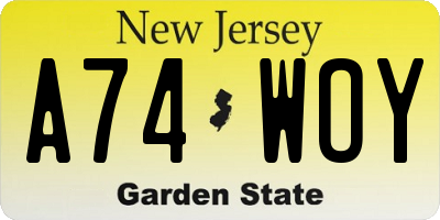 NJ license plate A74WOY