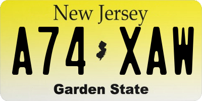 NJ license plate A74XAW