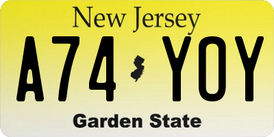 NJ license plate A74YOY
