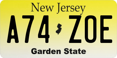 NJ license plate A74ZOE