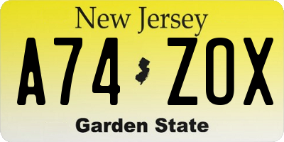 NJ license plate A74ZOX