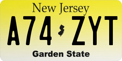 NJ license plate A74ZYT