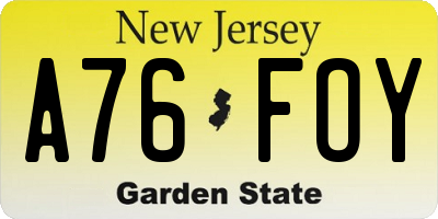 NJ license plate A76FOY