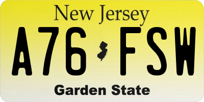 NJ license plate A76FSW