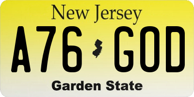 NJ license plate A76GOD