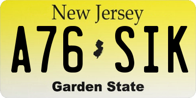 NJ license plate A76SIK