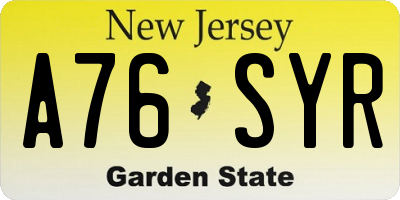 NJ license plate A76SYR