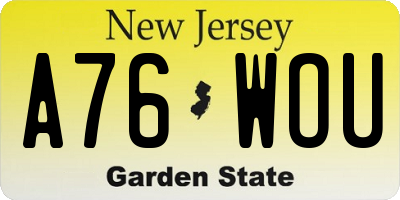 NJ license plate A76WOU
