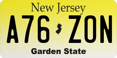 NJ license plate A76ZON