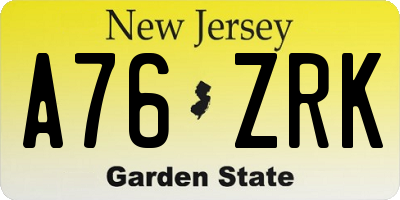 NJ license plate A76ZRK