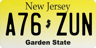 NJ license plate A76ZUN