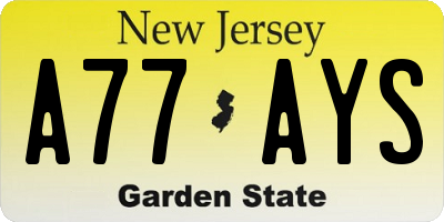 NJ license plate A77AYS