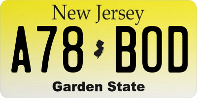 NJ license plate A78BOD