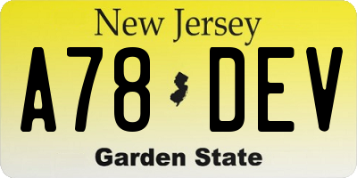 NJ license plate A78DEV