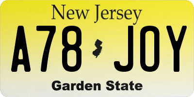 NJ license plate A78JOY