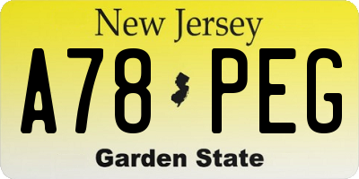 NJ license plate A78PEG