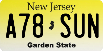 NJ license plate A78SUN