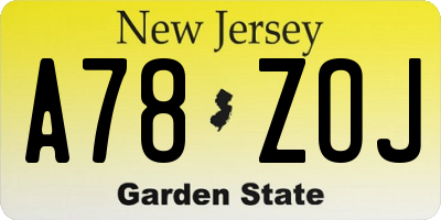 NJ license plate A78ZOJ