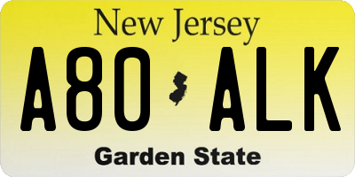 NJ license plate A80ALK