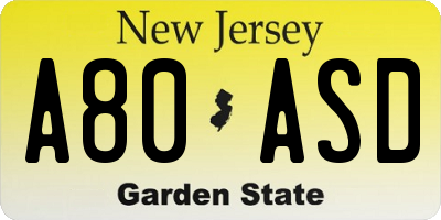 NJ license plate A80ASD