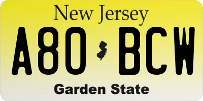 NJ license plate A80BCW