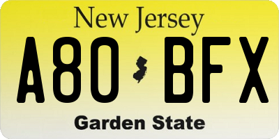 NJ license plate A80BFX