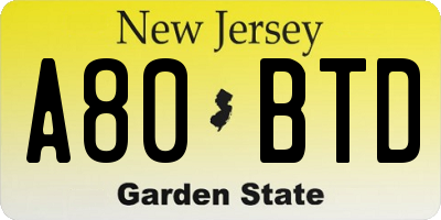 NJ license plate A80BTD