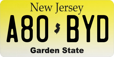 NJ license plate A80BYD