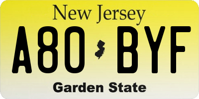 NJ license plate A80BYF