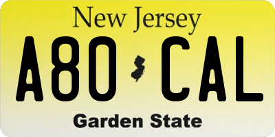 NJ license plate A80CAL