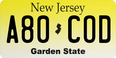 NJ license plate A80COD