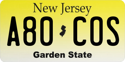 NJ license plate A80COS