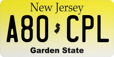 NJ license plate A80CPL
