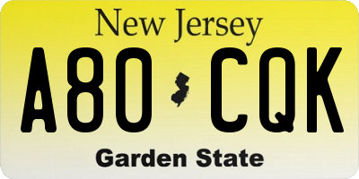 NJ license plate A80CQK