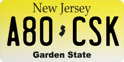 NJ license plate A80CSK