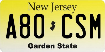 NJ license plate A80CSM
