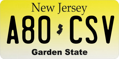 NJ license plate A80CSV