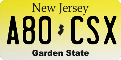 NJ license plate A80CSX