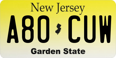 NJ license plate A80CUW