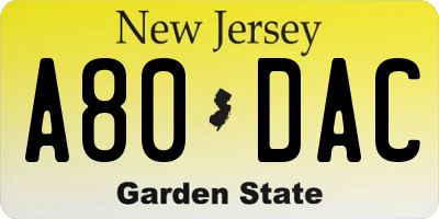 NJ license plate A80DAC