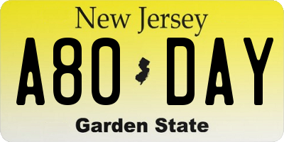 NJ license plate A80DAY