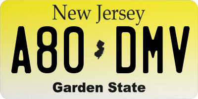 NJ license plate A80DMV