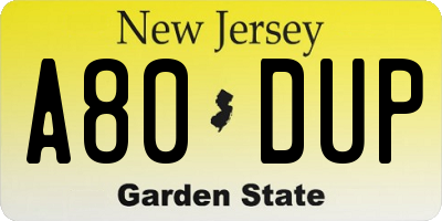 NJ license plate A80DUP