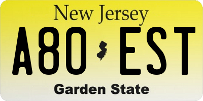 NJ license plate A80EST