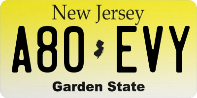NJ license plate A80EVY